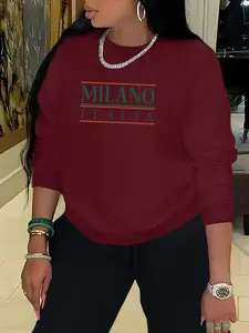 MILANO Letter Print Fashion Women's Casual Loose Sweatshirt, Stylish Crewneck Long Sleeve Pullover for Comfort in Fall & Winter, Ideal for Outdoor Activities