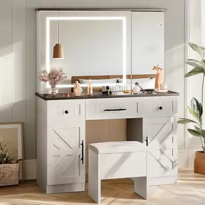 Yitahome Farmhouse Vanity Set, Makeup Desk with Large Adjustable Lighted Mirror, Hidden Storage, Drawers, Cabinets, and Adjustable Shelves, Modern Vanity Desk with Storage Stool