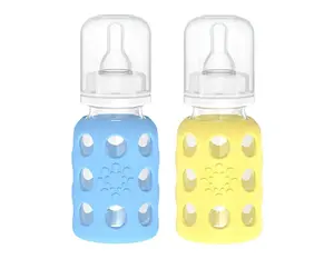 Lifefactory Glass Baby Bottles with Silicone Protection - 2-Pack, 4 oz Bottles, Sky Blue & Banana