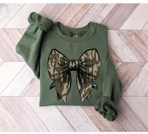 Camo Coquette Bow Sweatshirt, Camo Bow Sweatshirt, Duck Hunting Sweatshirt, Old School Camo Sweatshirt, Fall Shirt, Women's Camouflage Bow Shirt,Camo Shirt - KitchenEra