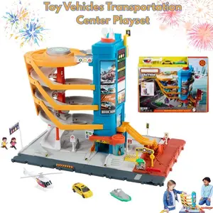 Toy Vehicles Transportation Center Playset – 5 Level Parking Garage with 1:64 Scale Taxi, Boat & Helicopter, Interactive Car Activated Kids Toy Set
