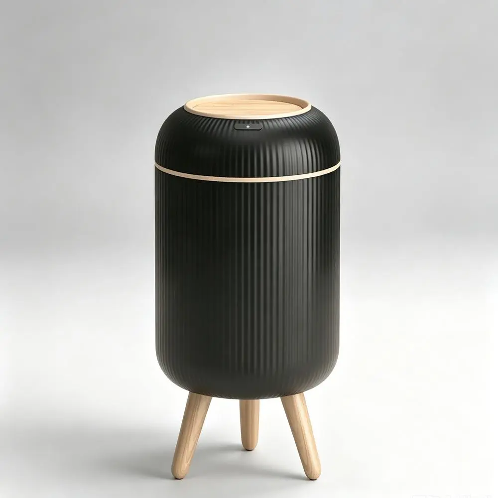 Touchless Smart Sensor Garbage Trash Can 2 Pack, Automatic Hands Free Vertical Ribbed Waste Bin, Wooden Cover and Tripod Stand, Beautiful Bin For Living Room Bathroom Dorm
