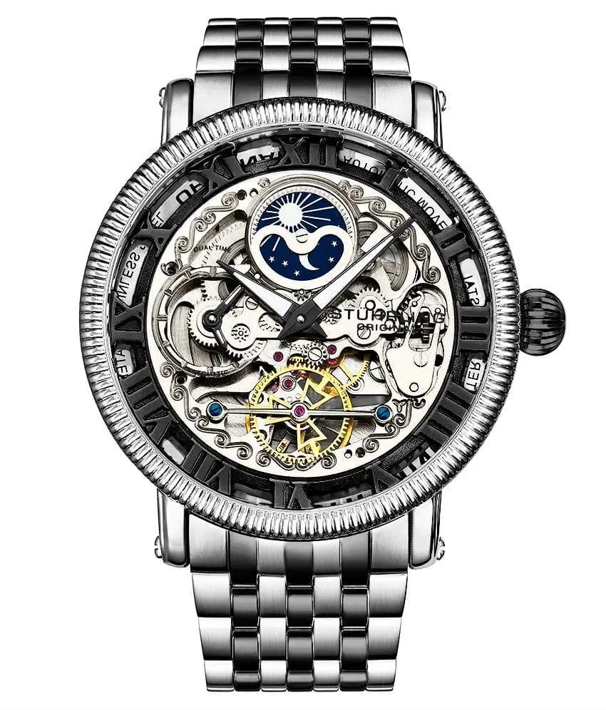 Special Reserve Men's Skeleton Automatic Mechanical Watch, 48mm Stainless Steel Timepiece with Dual Time & AM/PM Indicator