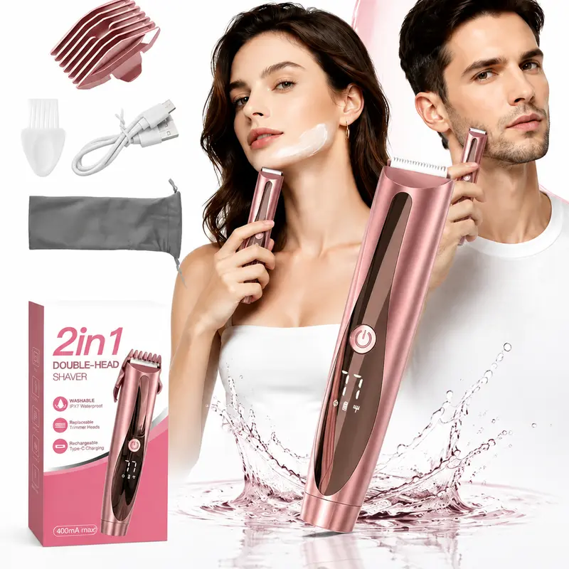 2 in 1 Electric Shaver for Women & Men, Waterproof Body Hair Trimmer with Replaceable Heads, Rechargeable Type-C Hair Remover, Painless Bikini Face Leg Underarm Grooming Razor with LED Display