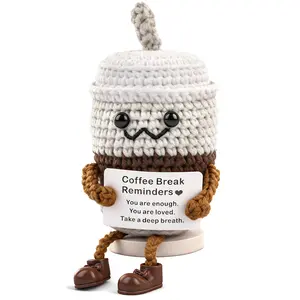 Crochet Coffee Cup Desk Decor with 30 Daily Affirmation Cards – Cute Emotional Support Gift for Her, Aesthetic Office & Coffee Bar Decoration
