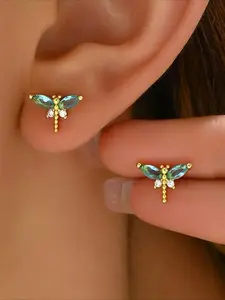 1 Pair Dragonfly Earrings Gold Tone Copper Plated Zirconia Studs, Unique Insect Jewelry Statement Piece for Women