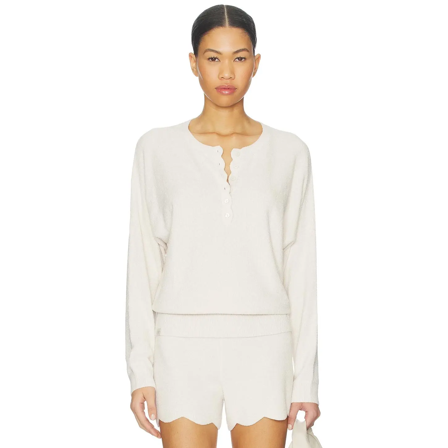 Barefoot Dreams CozyChic Ultra Lite Scallop Dolman Henley Top in Sand Dune