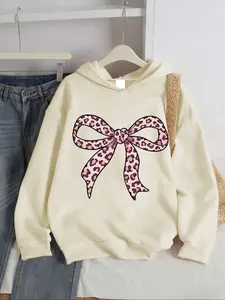 Girls' Fall & Winter Fashion Comfortable Large Bow Print Round Neck Graphic Casual Hoodie, Long Sleeve Fitted Casual Sweatshirt for Girls