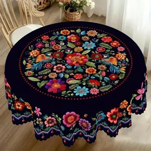 Mexican Folk Art Floral Tablecloth, Navy Blue with Colorful Embroidered Flowers, Rectangle and Round Sizes, Decorative Border with Pom Poms, Dining Table Cover (black, 1pc(58.27*58.27inch)table cloth)