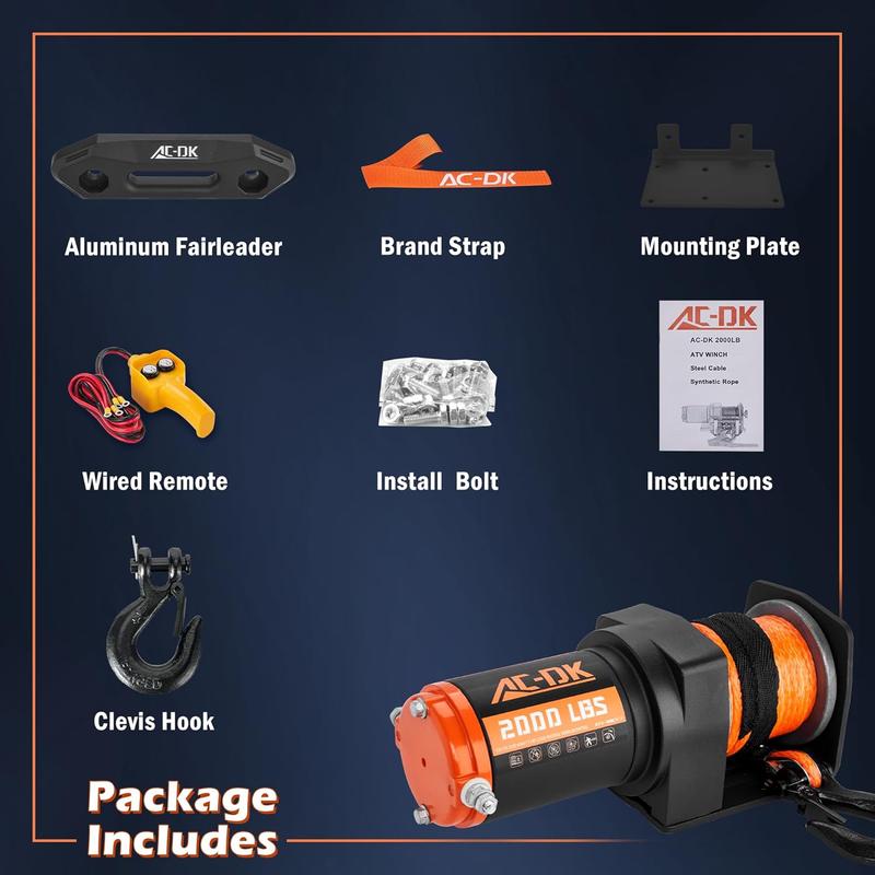 AC-DK 12V 2000-lb. ATV/UTV Electric Winch, Off-Road Synthetic Rope Winch for Trailer Boat RV Towing Winches, ATV/UTV Winch with Big Yellow Wired Remote and Winch Mounting Plate