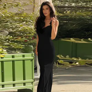 Tie Strap V-Neck Ruched Bust Sleeveless Mermaid Maxi Dress for Women's 2025 Fall New Solid Casual Slim-Fit Dresses to Dating Party Nights & Daily Outfit Elegant Versatile Dress summerwins