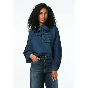 Carissa Women's Denim Blouse with Bow Neck and Voluminous Sleeves, Dark Denim - WT0208