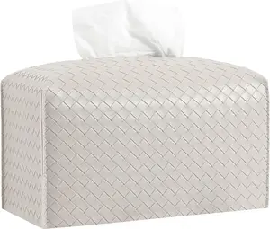 Tissue Box Cover PU Leather Tissue Holder Square Facial Tissue Case Facial Paper Organizer Dispenser for Bathroom, Vanity Countertop, Tabletop, Car, Rectangle, Griege