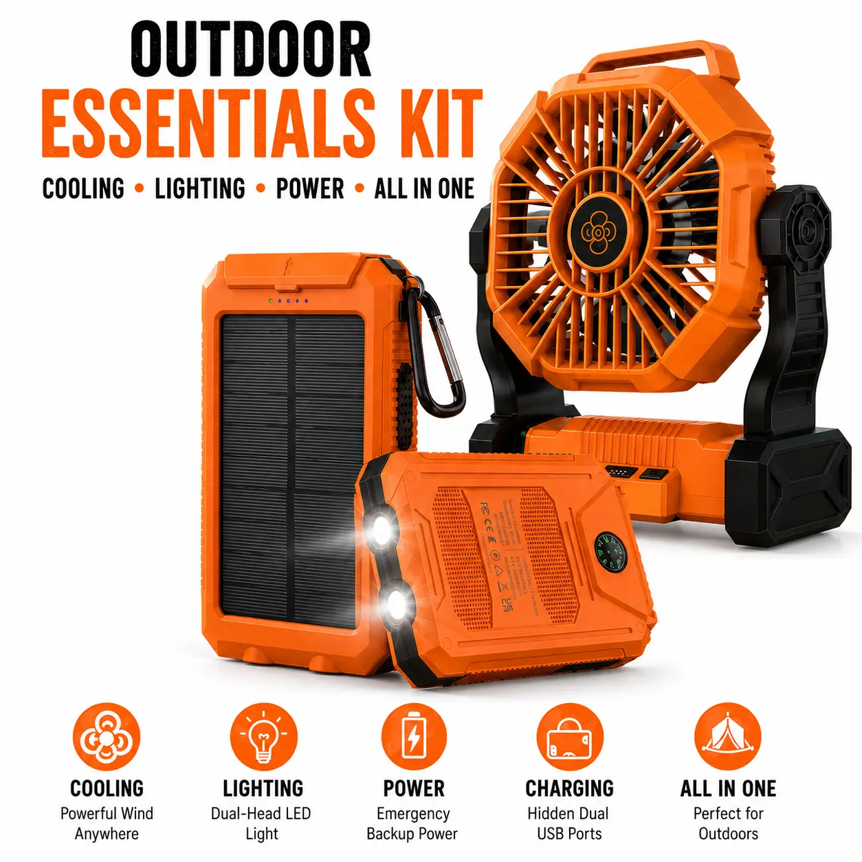 Portable Solar Power Bank & Camping Fan Bundle, USB Rechargeable Outdoor Emergency Charger with Strong Airflow Fan