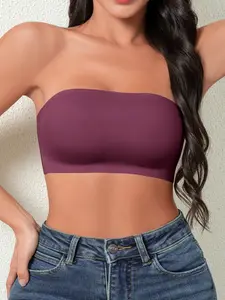 Women's Solid Color Non-slip Fitted Wireless Push Up Bandeau Bra, Seamless Bra, Casual Comfortable Breathable Buckleless Strapless Lingerie Top for Daily Wear, Lingeries for All Seasons