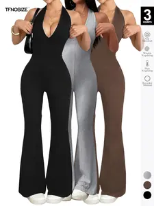 2026 Women's Bodycon Halter Jumpsuit Plunging V Neck Backless Flared Leg Pants Romper for Club Party Sleeveless Casual Jumpsuit