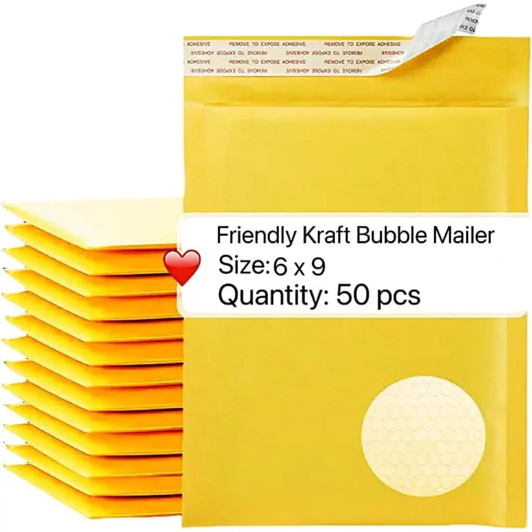 Kraft Bubble Mailers 6x10 Inch 50Pack Yellow Padded Envelopes Usable Size 6x9"Durable for Mailing Jewelry Makeup Small Business