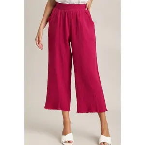 Umgee Full Size Raw Hem Elastic Waist Wide Leg Pants Plus Size