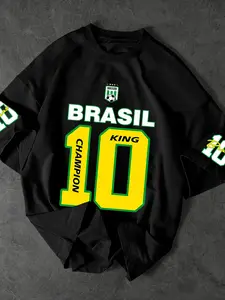 Brazil Team Number 10 Champion Print T-Shirt, Football Theme Loose Fit Short Sleeve Top, Casual H-Type Long Clothing