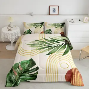 Feelyou Dark Green Boho Bed Comforter Sets - Tropical Botanical Mid-Century Banana Palm Leaf Bedroom Bedding Set, Nature Plant Leaves Quilt Duvet