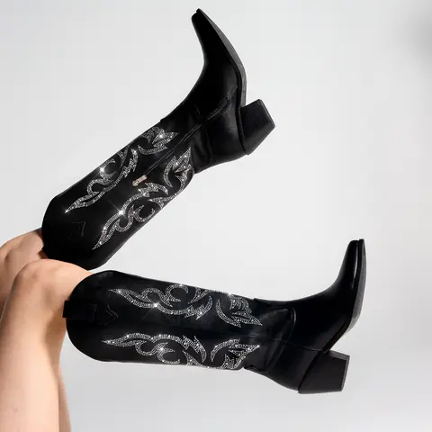 Women's Wide Calf Knee-High Cowgirl & Outlaw Style Cowboy Boots - Faux Leather Casual Footwear with Glittery Rhinestones, Classic Embroidery, Side Zipper, Rubber Sole, Black Walking Shoes for All Seasons