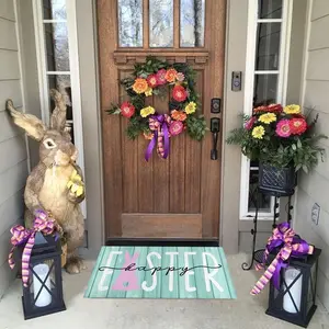 Wood grain welcome doormat,Easter decorative floor mats,Garden-style welcome carpet,Home decor rug,Rabbit letter design,Indoor and outdoor floor mats,Soft and washable,Suitable for doorways, entryways,Easter gift