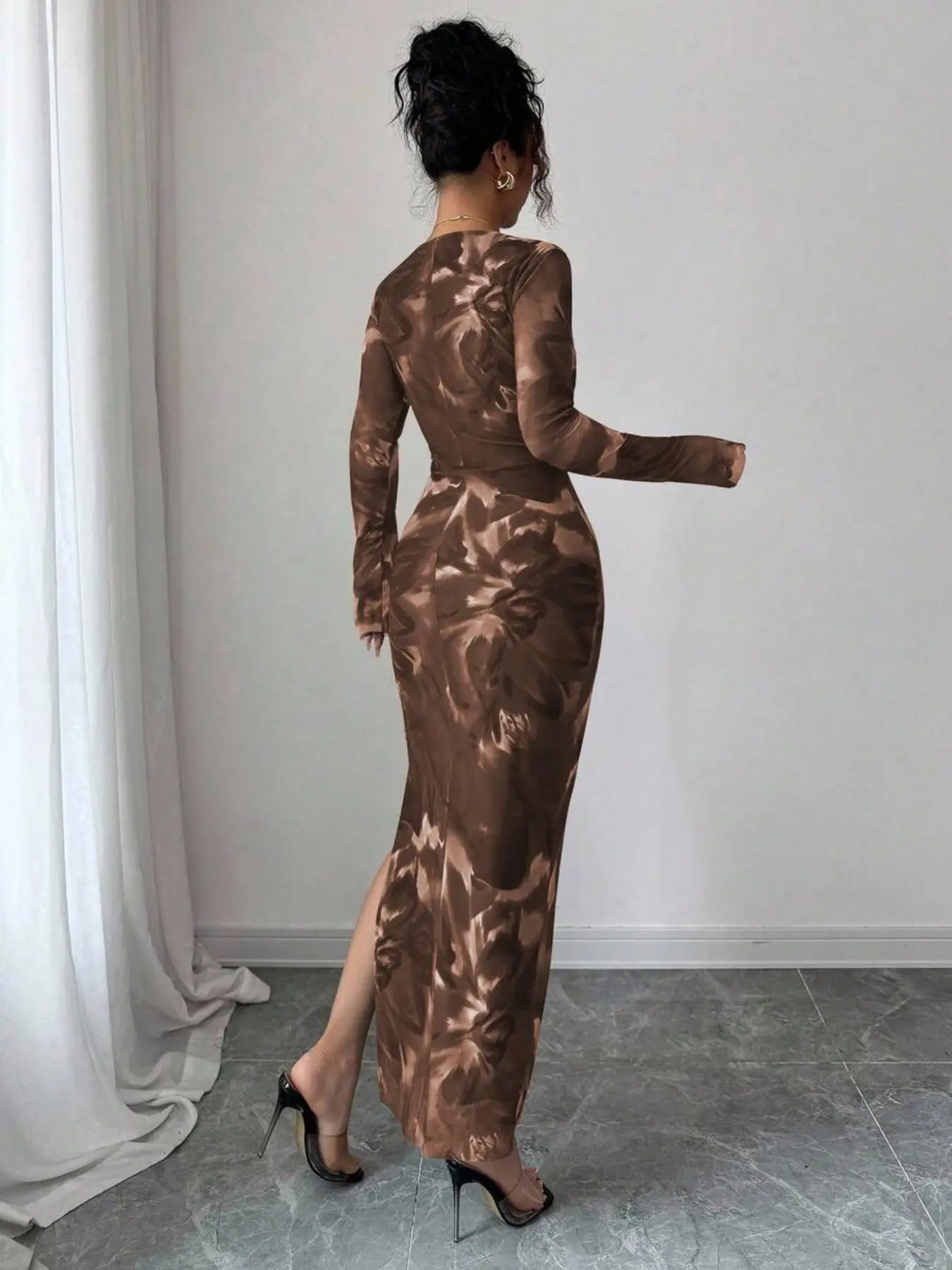 Women's Elastic Mesh Floral Bodycon Dress, Long Sleeve, Fashionable Women's Design, Cross Knot V Neck, Slim Fit with Slit, Elegant, Suitable for Daily Wear, Commuting, Dates, Parties, Chic, Formal Elegant Dress - Women's Elastic Mesh Floral Bodycon Dress, Long Sleeve, Fashionable Women's Design, Cross Knot V Neck, Slim Fit with Slit, Elegant, Suitable for Daily Wear, Commuting, Dates, Parties, Chic, Formal Elegant Dress -
