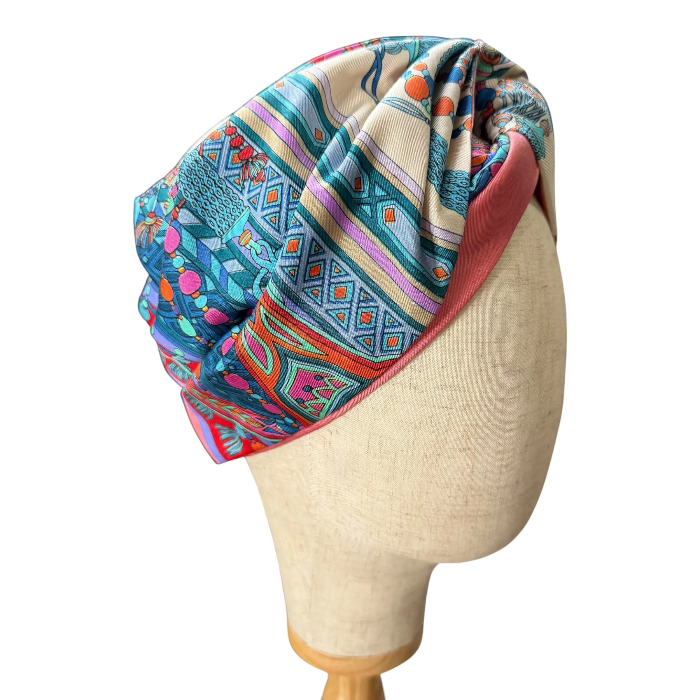 Pre-owned Gucci Tassel and Chain Print Silk Headband Blue Multicolor