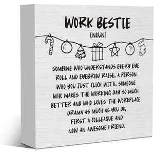 Work Besties Gifts for Women, Funny Birthday Gifts for Best Friends Coworkers, New Job Leaving Office Gifts Christmas Rustic Wooden Box Sign, Desk Decor Office Desk Accessories Wood Block Plaque 5x5inch