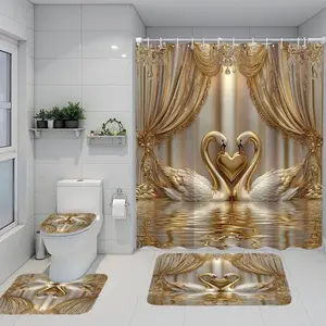 Bathroom Four-Piece Set, Swan Pattern, Waterproof Shower Curtain, Non-Slip Bath Mat, Toilet Seat Cover, Soft and Elegant, Perfect Gift