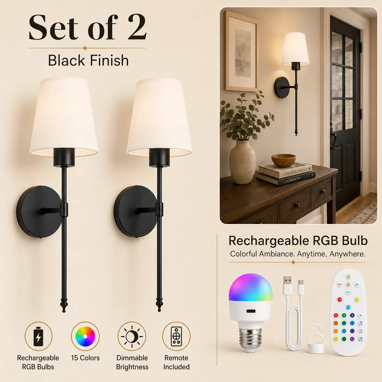 Set of 2 Wireless Battery-Powered Wall Sconces, Rechargeable RGB Wall Lamps with Remote Control, 15-Color Dimmable Vanity Mirror Lights for Bedroom, Bedside, Living Room, Hallway & Home Decor #GLOBAL PICKS