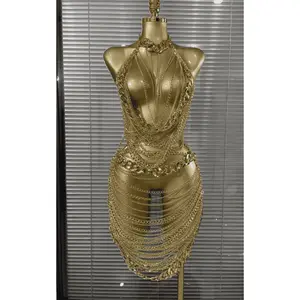 Klaudia Sexy Golden Sequin Chain Two Piece Set