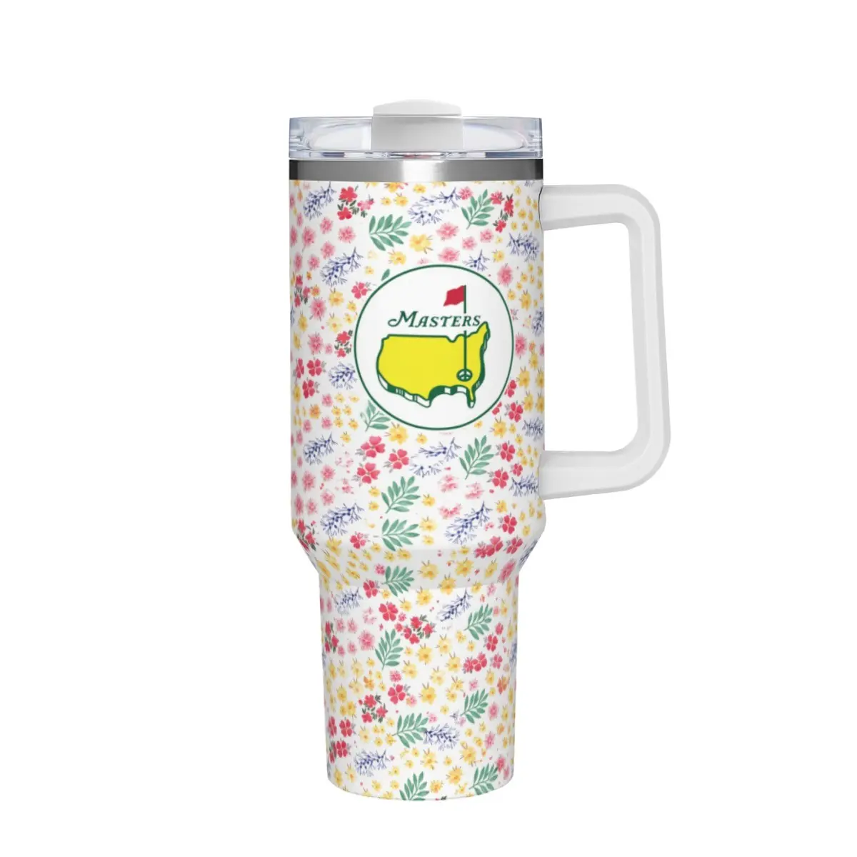 Pastel Floral Golf Tumbler with Ditsy Wildflower Print and Green Flag Map Emblem Design, Insulated Travel Mug with Anti-Slip Handle for Golf Lovers and Country Club Style