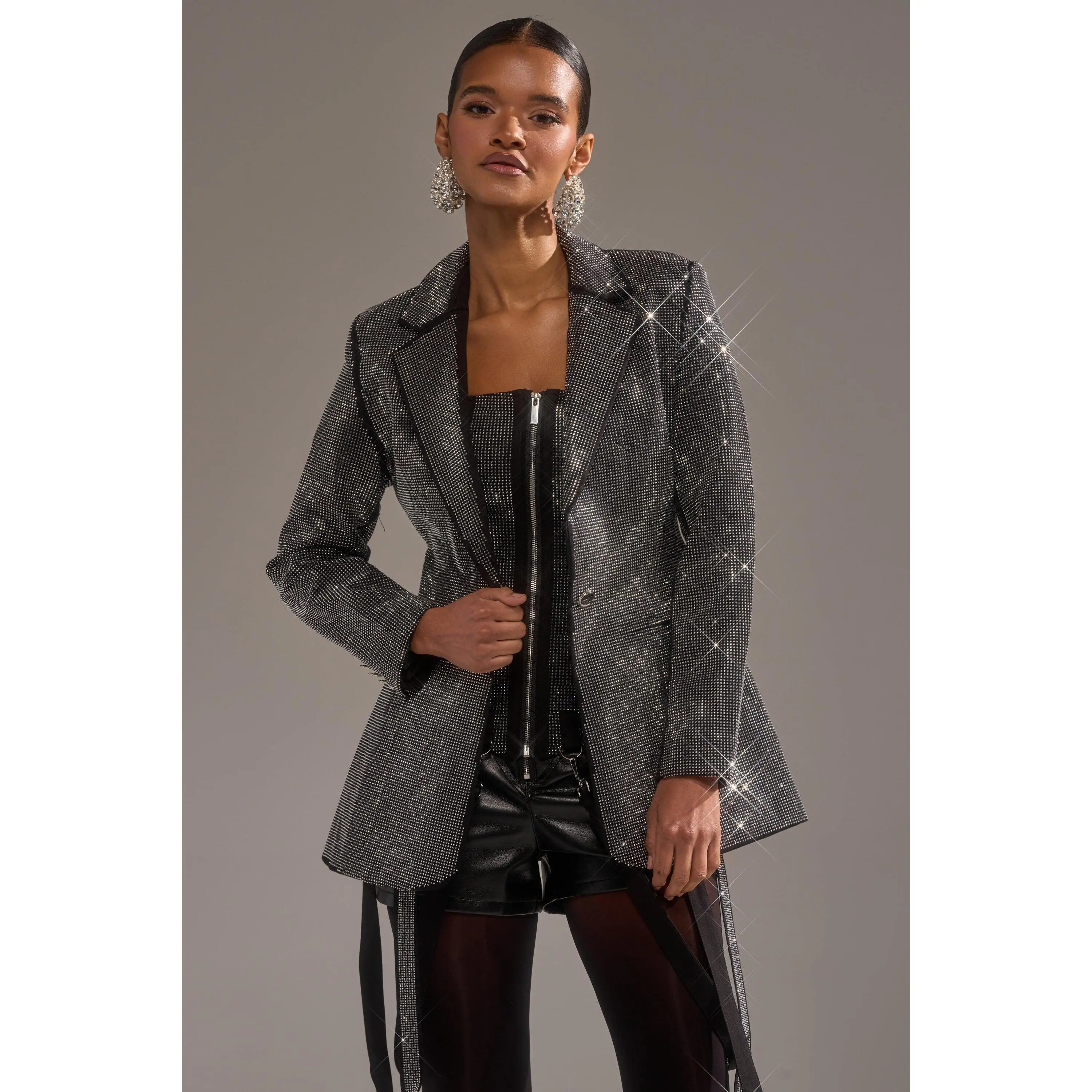 MORE CHAMPAGNE PLEASE BACKLESS RHINESTONE BLAZER