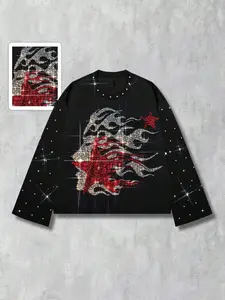 Trendy Graphic Tee, Star Diamond Sparkle Design, Streetwear Long Sleeve Top, Perfect for Night Out & Spring/fall
