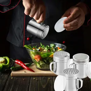 Set of 3 Stainless Steel Dredge, Salt Pepper Dredge Shakers with Handle, Seasonings Spice Shakers with Lid, Suitable For Pepper, Cinnamon And Coffee Spice Jars, 10 Ounce