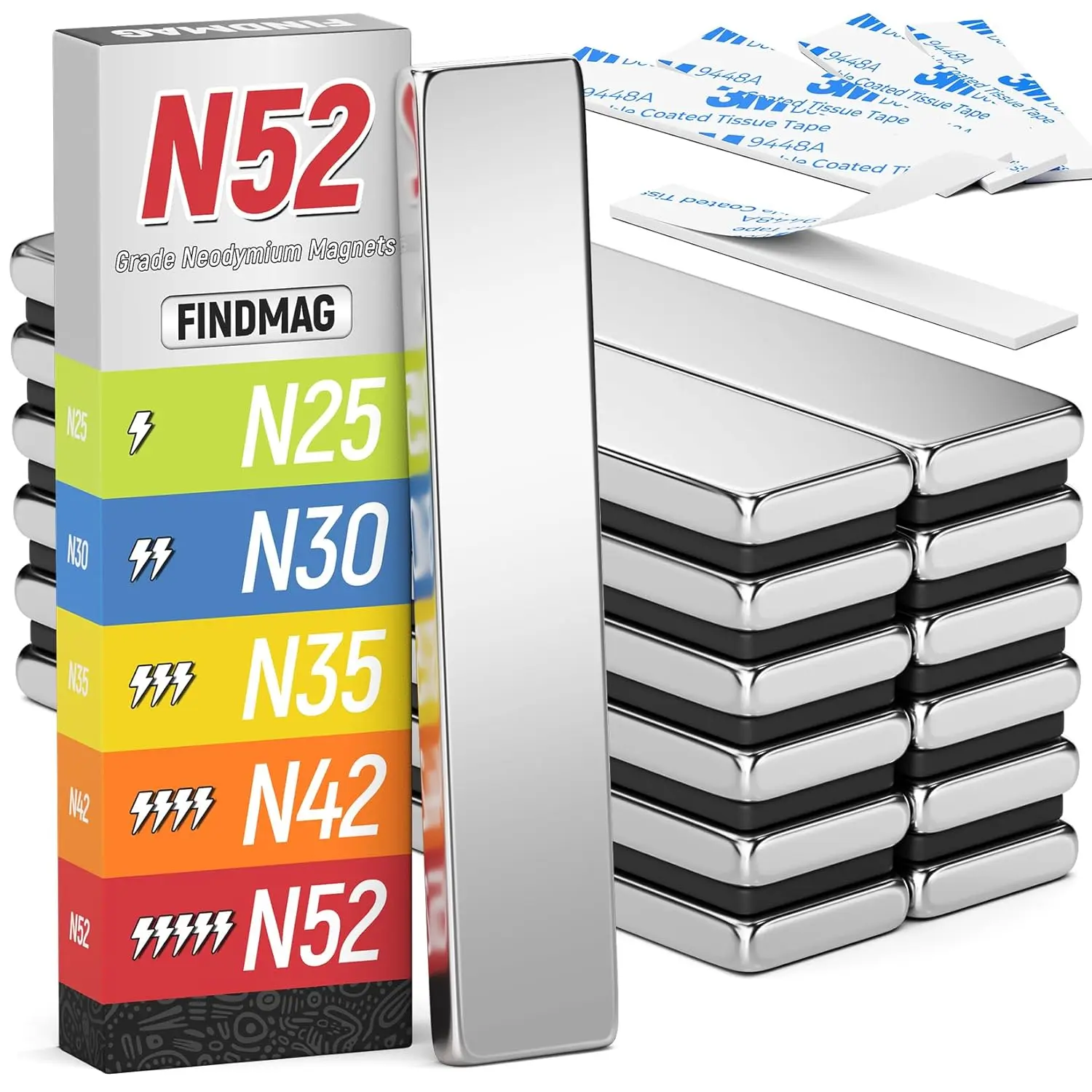 N52 Rare Earth Neodymium Magnet, Super Strong Magnets Heavy Duty Bar Magnets with Double-Sided Adhesive, Powerful Bar Magnet for Fridge, Garage, Kitchen, 60x10x3mm, 12Pack