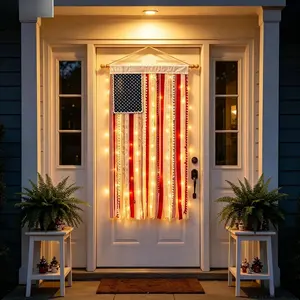 Lighted American Rag Flag Banner With LED Fairy Lights, 4x2.3 Ft Rustic Patriotic Tassel Garland For 4th Of July Decoration, Aesthetic Americana Wall Hanging For Porch Yard Party, Independence Day Celebration Home Decor 250th Anniversary