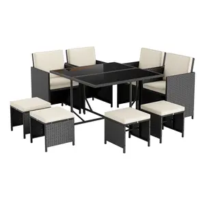 COSTWAY - 9 Piece Patio Dining Set with Tempered Glass Table and Ottoman-White