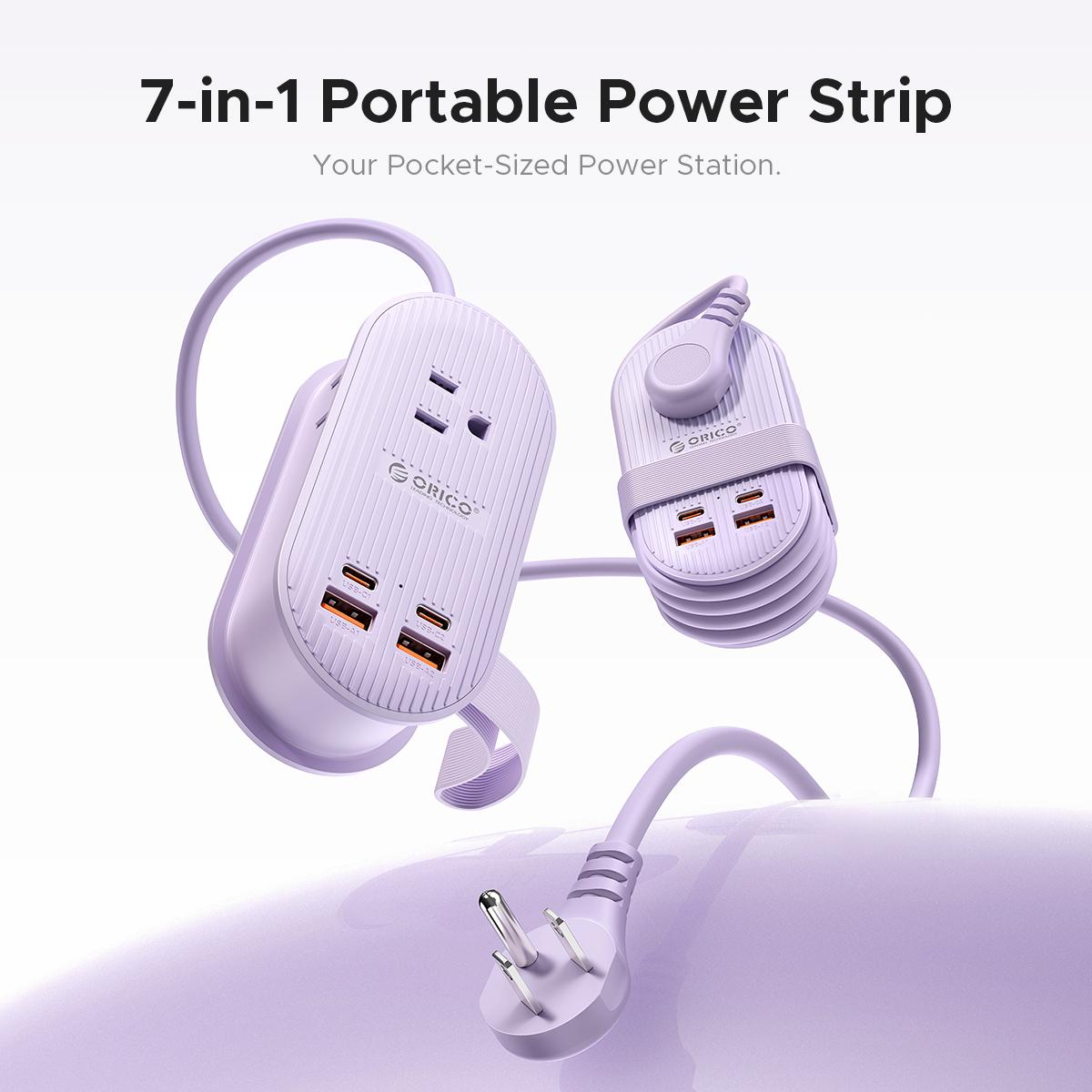 ORICO Upgraded 7-in-1 Travel Power Strip,2 Outlets & 4 USB Ports (2TYPE-C+2USB-A), 65W Fast Charging, Flat Plug，Compact for Cruise, Hotel, Dorm, and Travel Essentials- TK