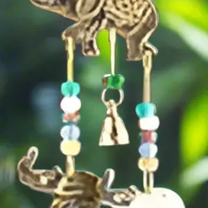 Triple Elephant Brass Chime with Beads 12 Long