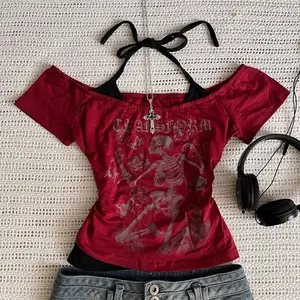 Millennium 2000s Y2k crop aesthetic sweet and sexy vest women's sleeveless casual anime printed vest Harajuku red full outfit Em