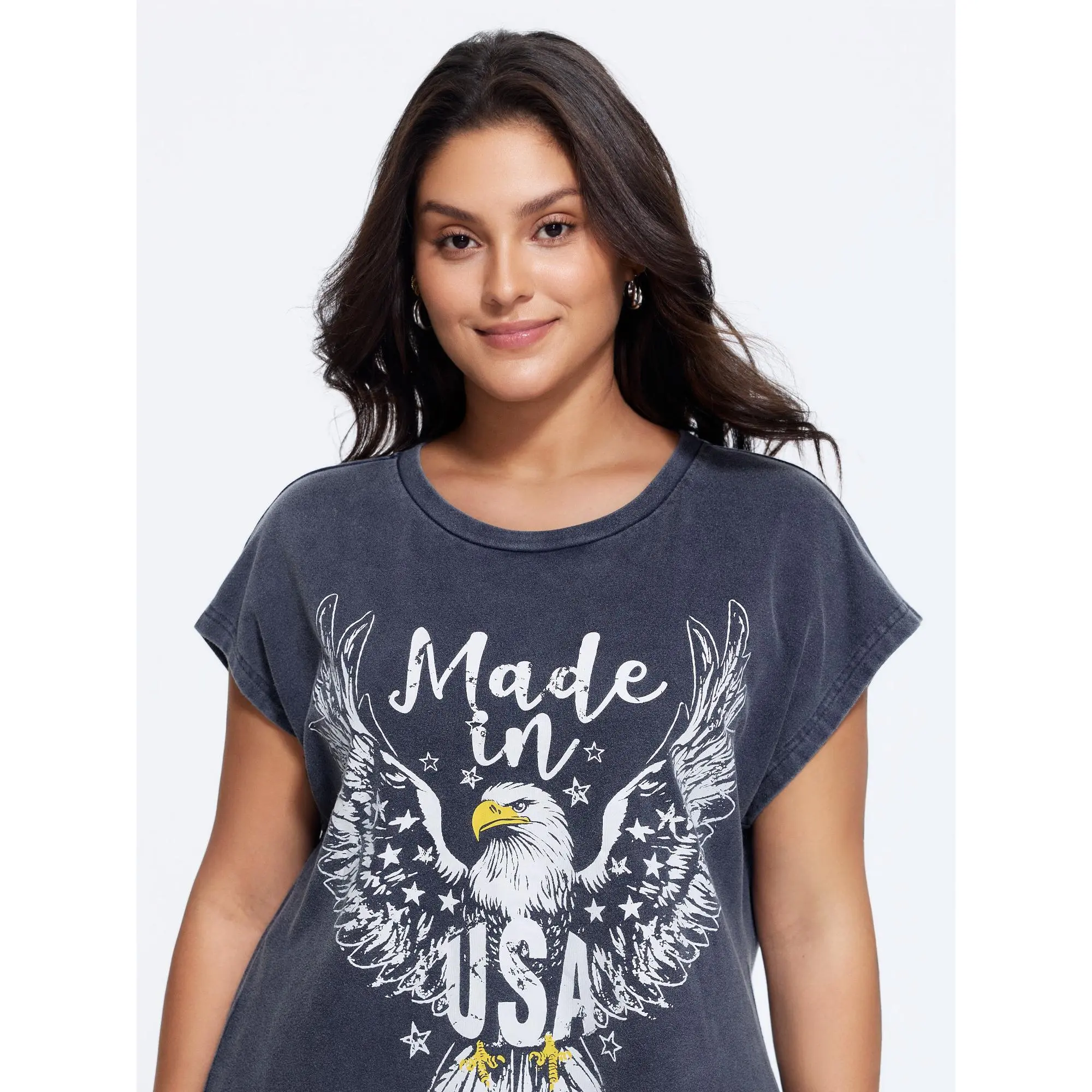 BLOOMCHIC Women's Plus Size Vintage Washed Eagle Print Cap Sleeve T-Shirt [M-6X] - 2026 Summer Casual Garment, Polyester-Cotton Fabric Top