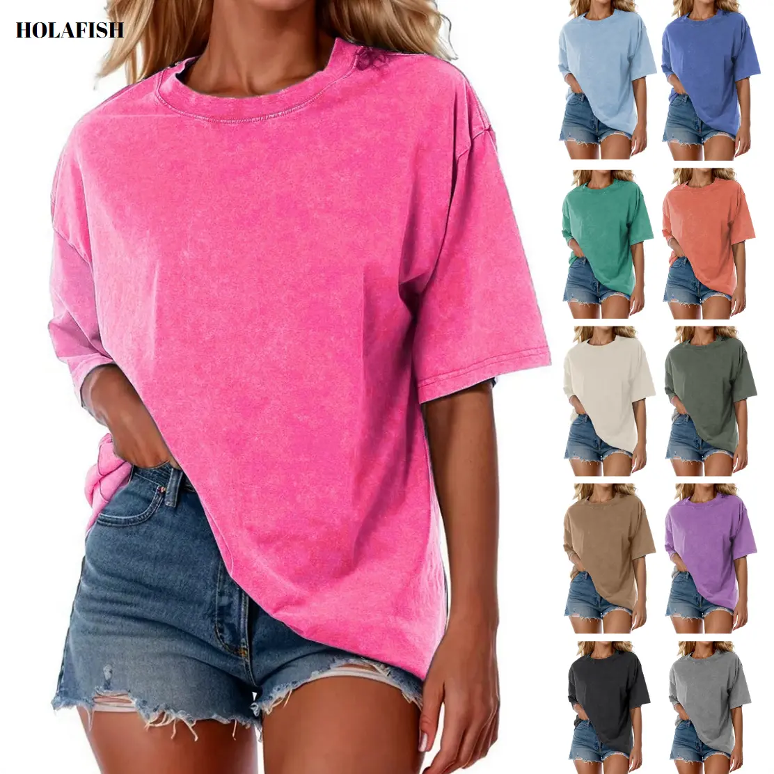 Holafish Acid Wash Unisex Oversized Cotton T-Shirt Crew Neck Half Short Sleeve Summer Top Casual Loose Fit Solid Streetwear Comfortable Tees Basic Womenswear Shortsleeve Tshirt 2026