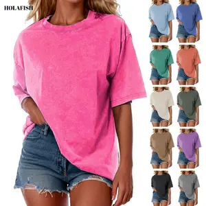 Holafish Acid Wash Unisex Oversized Cotton T-Shirt Crew Neck Half Short Sleeve Summer Top Casual Loose Fit Solid Streetwear Comfortable Tees Basic Womenswear Shortsleeve Tshirt 2026