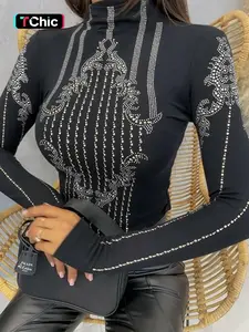 Women's Rhinestone Decor Mock Neck T-shirts, Elegant Long Sleeve T-shirts for Spring & Fall, Women's Clothing for Daily Wear, Casual Fashionable Top