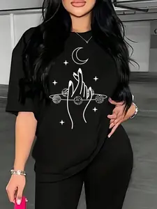 Women's Moon & Hand Print Drop Shoulder Tee, Fashion Casual Crew Neck T-Shirt for Daily Outdoor Wear, Ladies Summer Clothes, Womenswear
