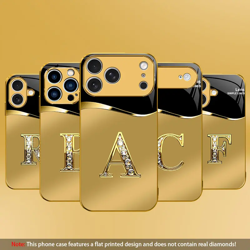 Subject to actual product,Not 3D,Suitable for iPhone 17/16/15/14/13/12/11 ProMax Pro Air Plus New high-end gold letter glass mobile phone case metallic paint electroplated gold glass mobile phone case affordable price anti-drop anti-fingerprint 995