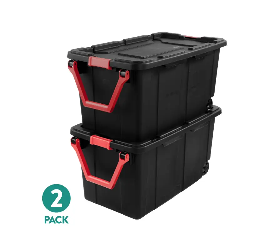 Sterilite Extra-Large Wheeled Industrial Storage Bin, 40 Gallon Durable Plastic Storage Tote with Latching Lid and Pull Handle, Black, 2 Pack