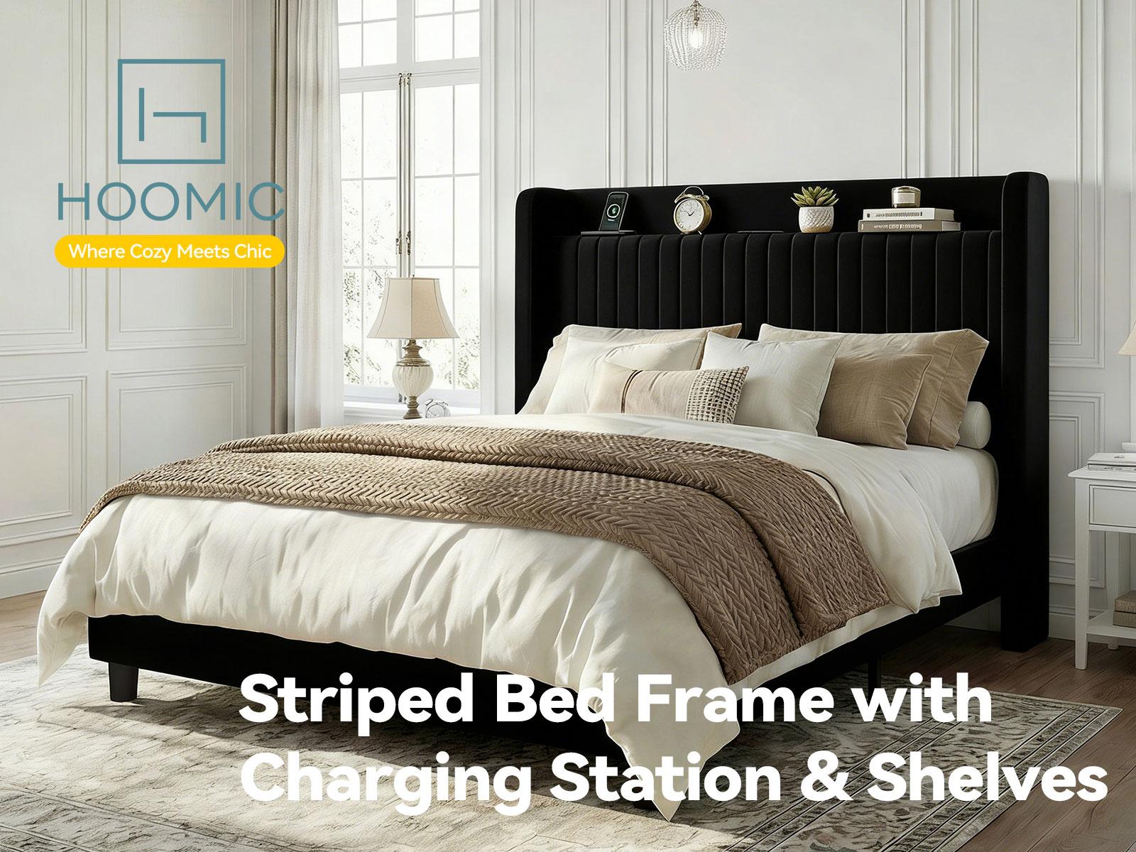 HOOMIC Full/Queen/King Platform Bed Frame with USB Ports, Upholstered Velvet Wingback Headboard, Wooden Slats, and Storage Shelf – Easy Assembly, No Box Spring Required, Black/White/Grey/Cream White#SummerVibes HOOMIC Full/Queen/King Platform Bed Frame with USB Ports, Upholstered Velvet Wingback Headboard, Wooden Slats, and Storage Shelf – Easy Assembly, No Box Spring Required, Black/White/Grey/Cream White#SummerVibes